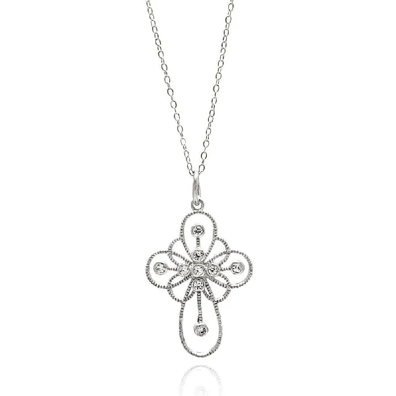 Silver 925 Rhodium Plated Clear CZ Cross Pendant Necklace - STP01336