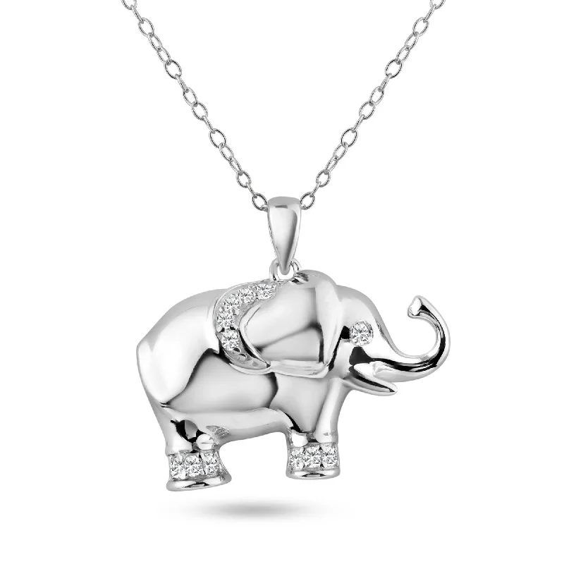 Silver 925 Rhodium Plated Clear CZ Elephant Pendant Necklace - STP01319