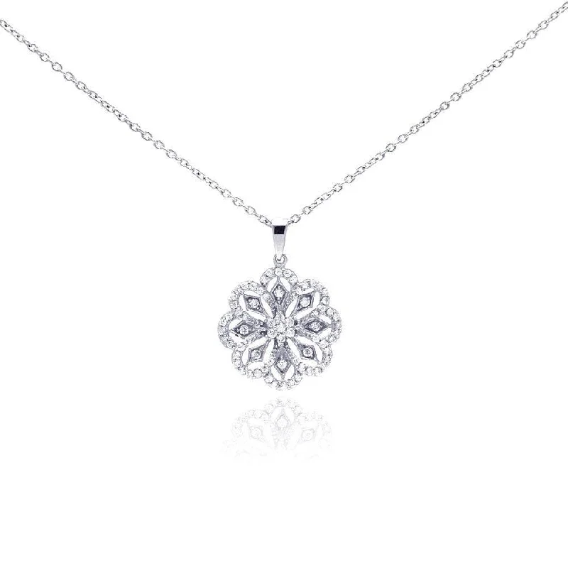 Silver 925 Rhodium Plated Clear CZ Flower Pendant Necklace - STP01043