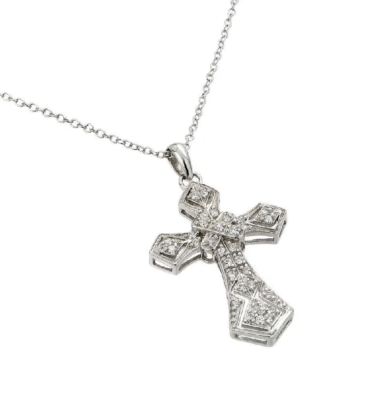 Silver 925 Rhodium Plated Clear CZ Gothic Cross Pendant Necklace - BGP00838