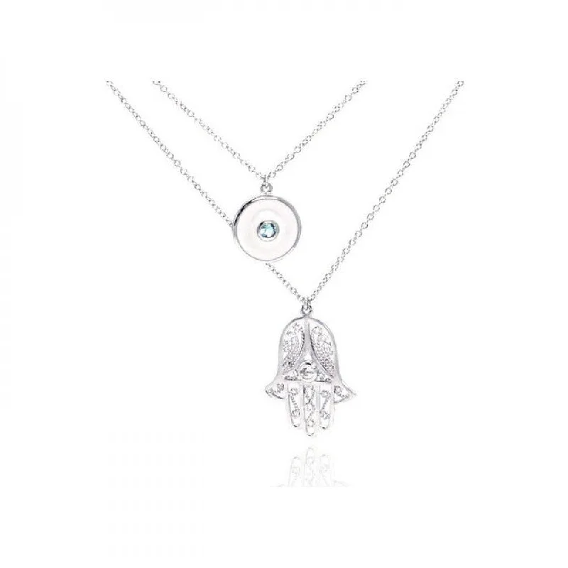 Silver 925 Rhodium Plated Clear CZ Hamsa Pendant Necklace - STP01076