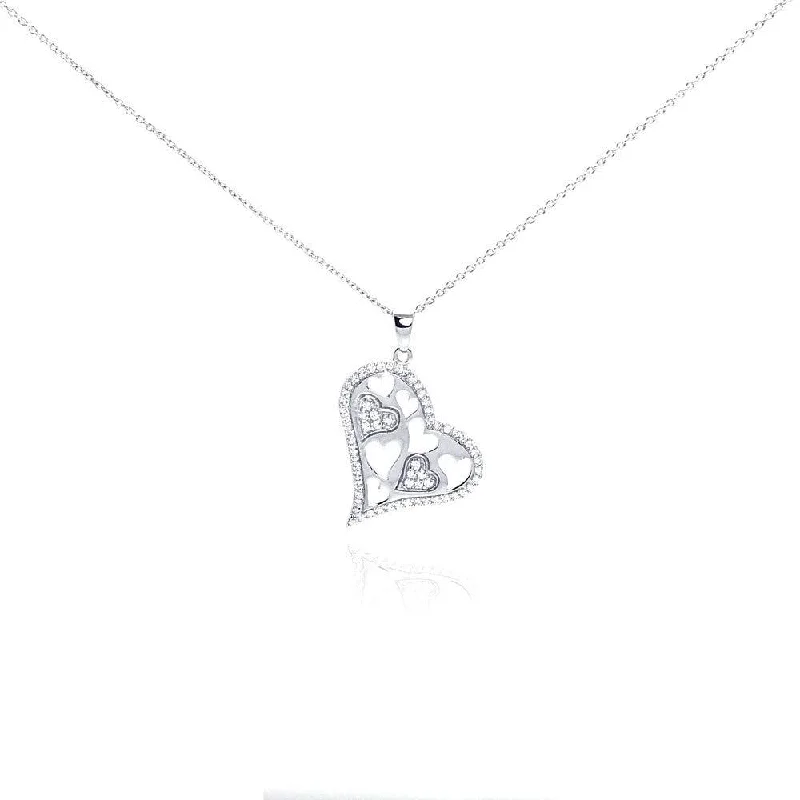 Silver 925 Rhodium Plated Clear CZ Heart Pendant Necklace - STP01007