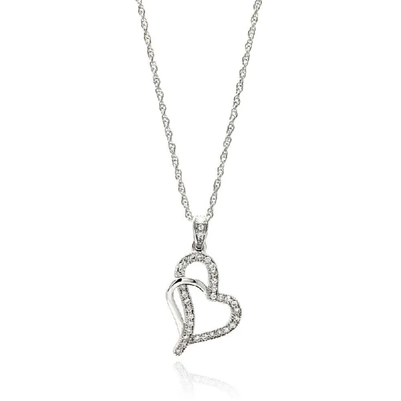 Silver 925 Rhodium Plated Clear CZ Heart Pendant Necklace - STP01351