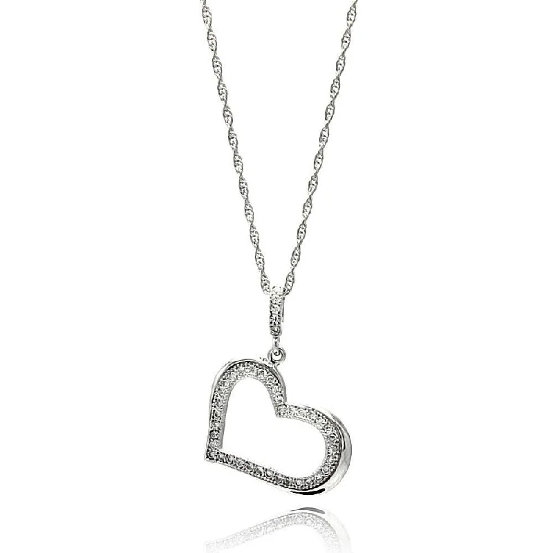 Silver 925 Rhodium Plated Clear CZ Heart Pendant Necklace - STP01355