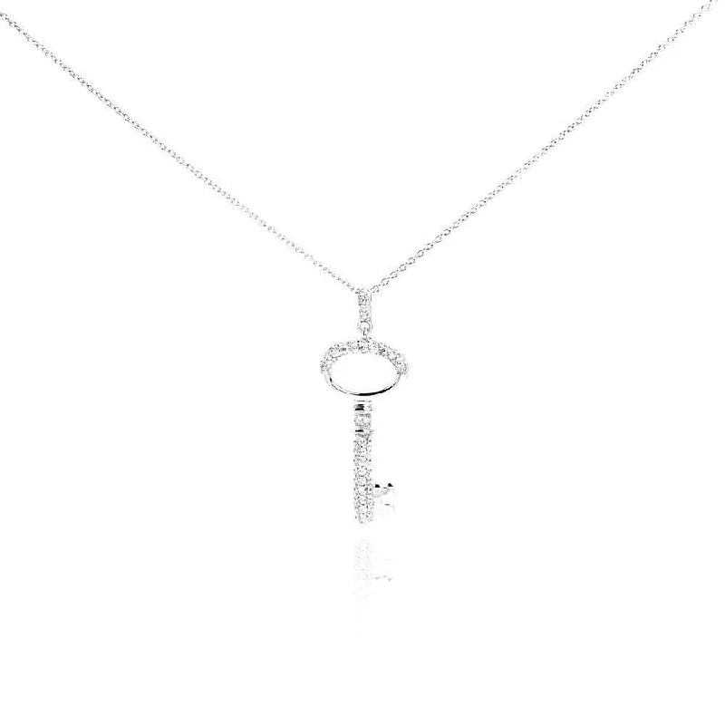 Silver 925 Rhodium Plated Clear CZ Key Pendant Necklace - STP01001