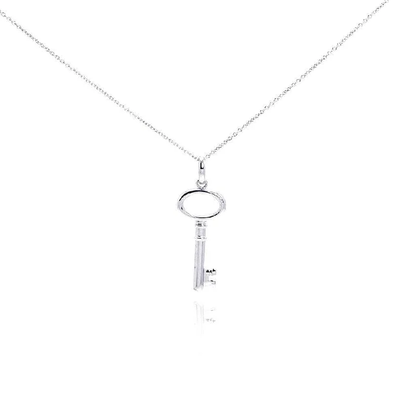 Silver 925 Rhodium Plated Clear CZ Key Pendant Necklace - STP01002