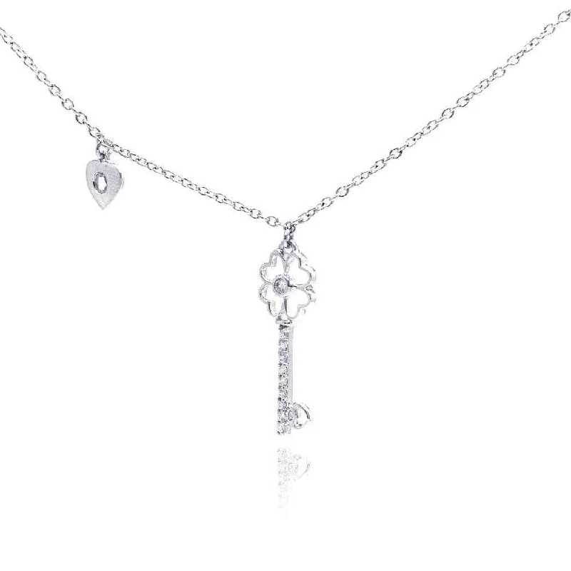 Silver 925 Rhodium Plated Clear CZ Key Pendant Necklace - STP01055