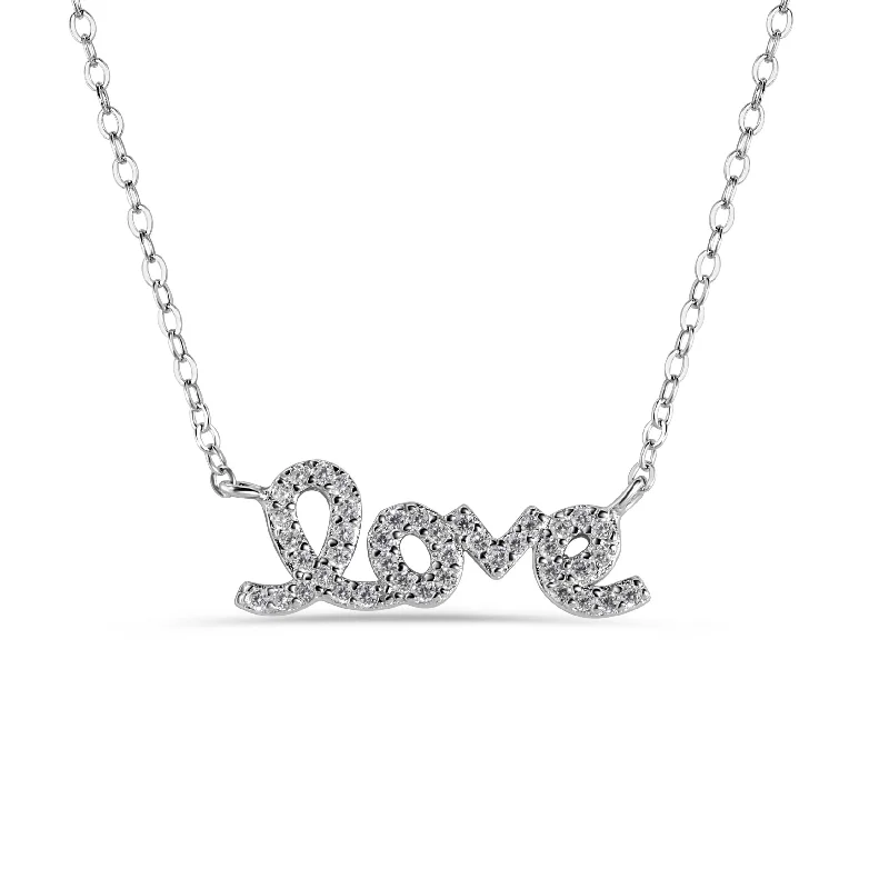 Silver 925 Rhodium Plated Clear CZ Love Pendant Necklace - STP01383RH