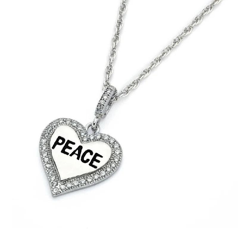 Silver 925 Rhodium Plated Clear CZ Peace Heart Pendant Necklace - STP01359