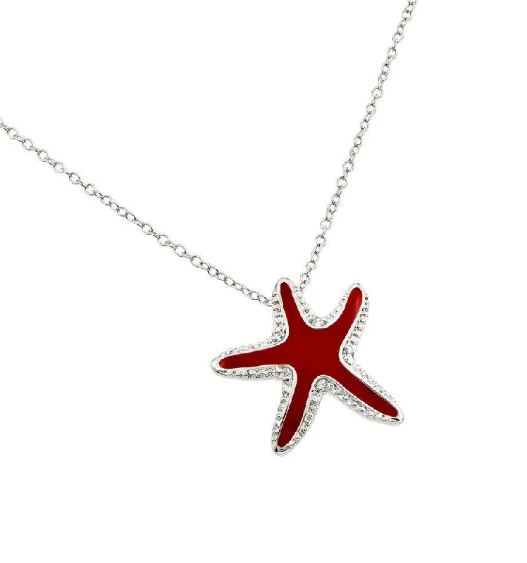 Silver 925 Rhodium Plated Clear CZ Red Star Fish Whale Pendant Necklace - BGP00851