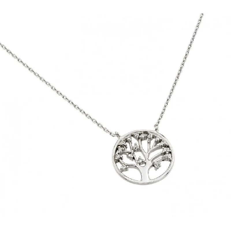 Silver 925 Rhodium Plated Clear CZ Round Tree Pendant Necklace - STP01378