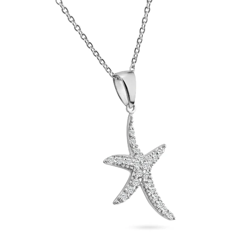 Silver 925 Rhodium Plated Clear CZ Starfish Pendant Necklace - STP01021