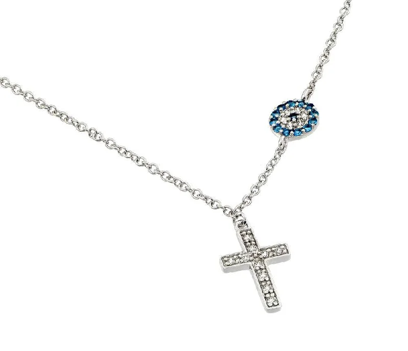 Silver 925 Rhodium Plated Clear CZ Stone Cross with Blue CZ Stone Circle Pendant Necklace - BGP00844