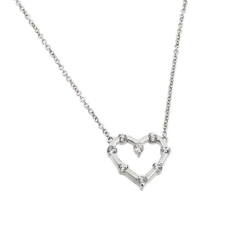 Silver 925 Rhodium Plated Clear CZ Stone Heart Pendant Necklace - BGP00866