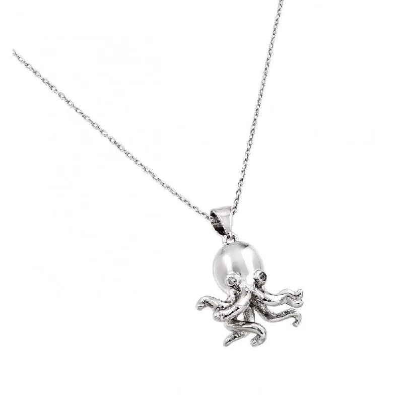 Silver 925 Rhodium Plated Clear CZ Stone Octopus Pendant Necklace - BGP00849