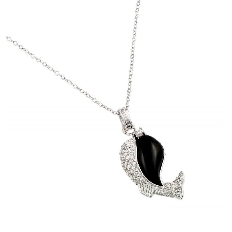 Silver 925 Rhodium Plated Clear CZ Stone Onyx Whale Pendant Necklace - BGP00855BLK