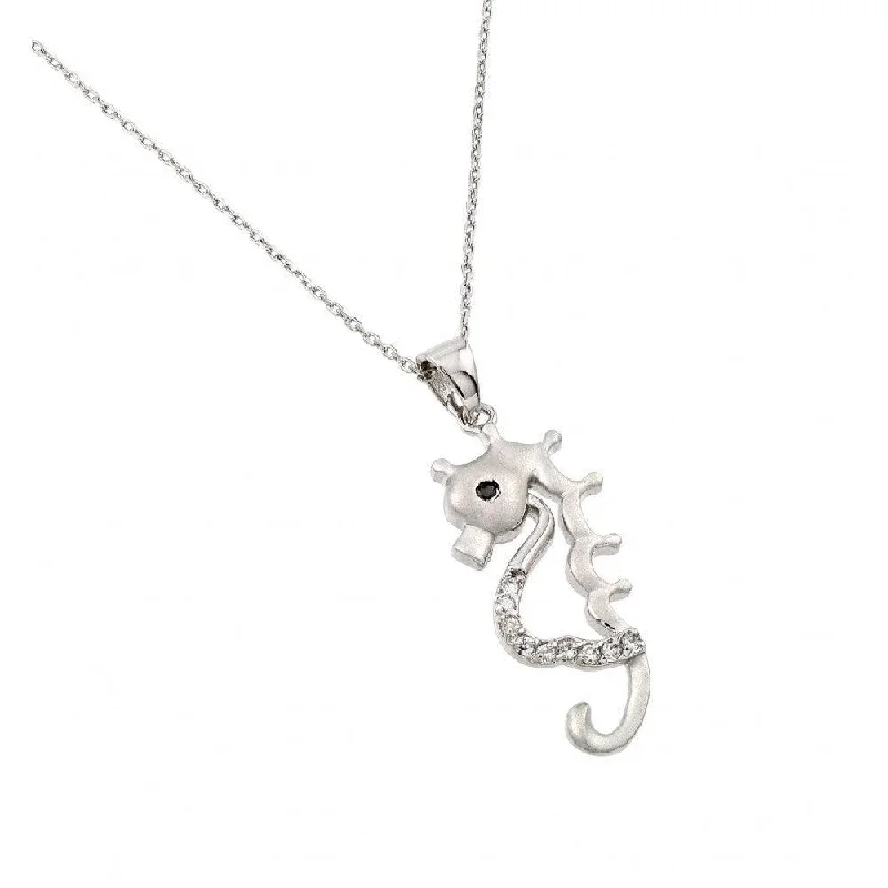 Silver 925 Rhodium Plated Clear CZ Stone Open Horse Pendant Necklace - BGP00850