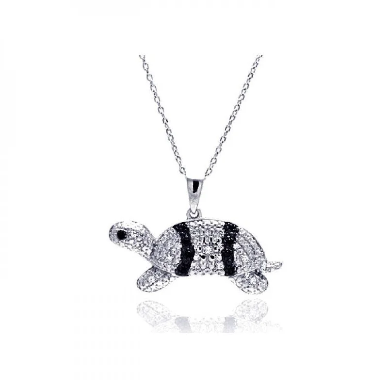 Silver 925 Rhodium Plated Clear CZ Turtle Pendant Necklace - STP01317