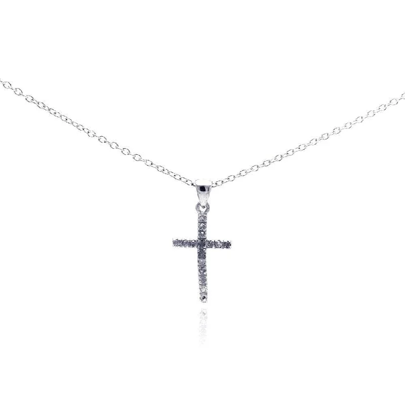 Silver 925 Rhodium Plated Clear Diamond Cross Pendant Necklace - STP01026