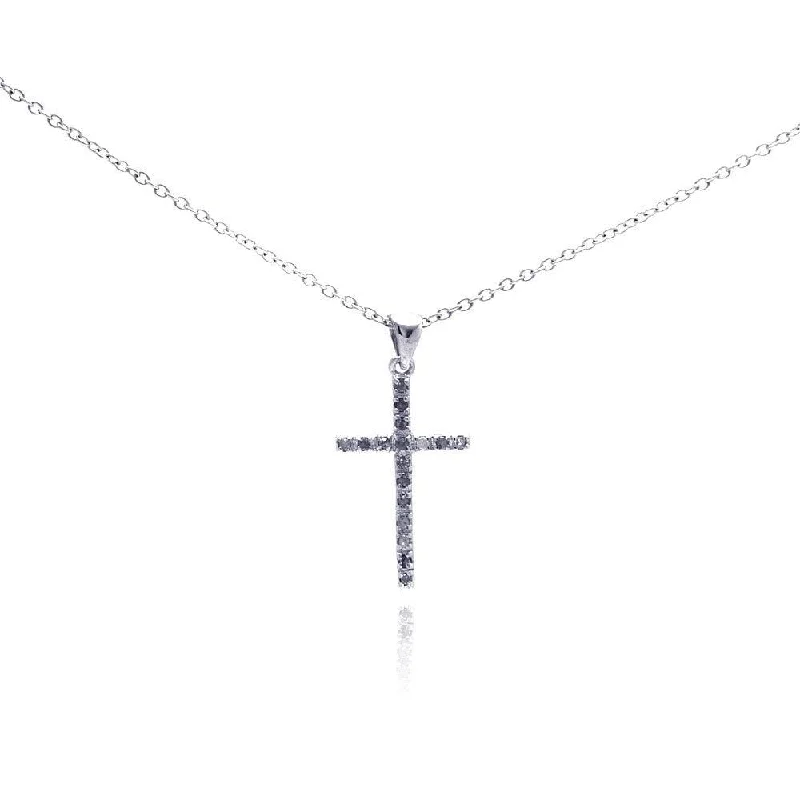 Silver 925 Rhodium Plated Clear Diamond Cross Pendant Necklace - STP01027