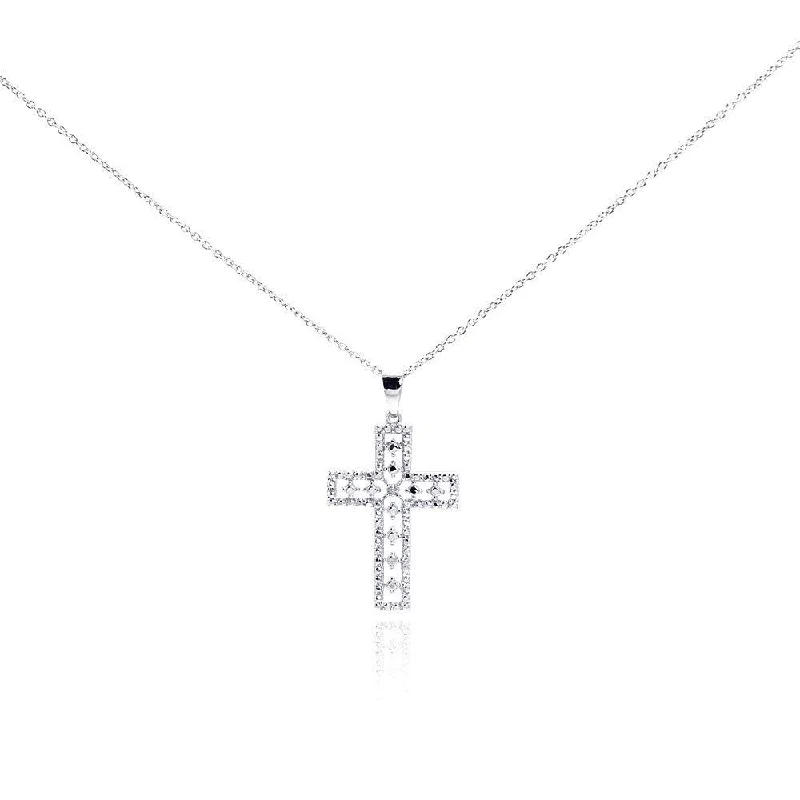 Silver 925 Rhodium Plated Clear Diamond Cross Pendant Necklace - STP01029