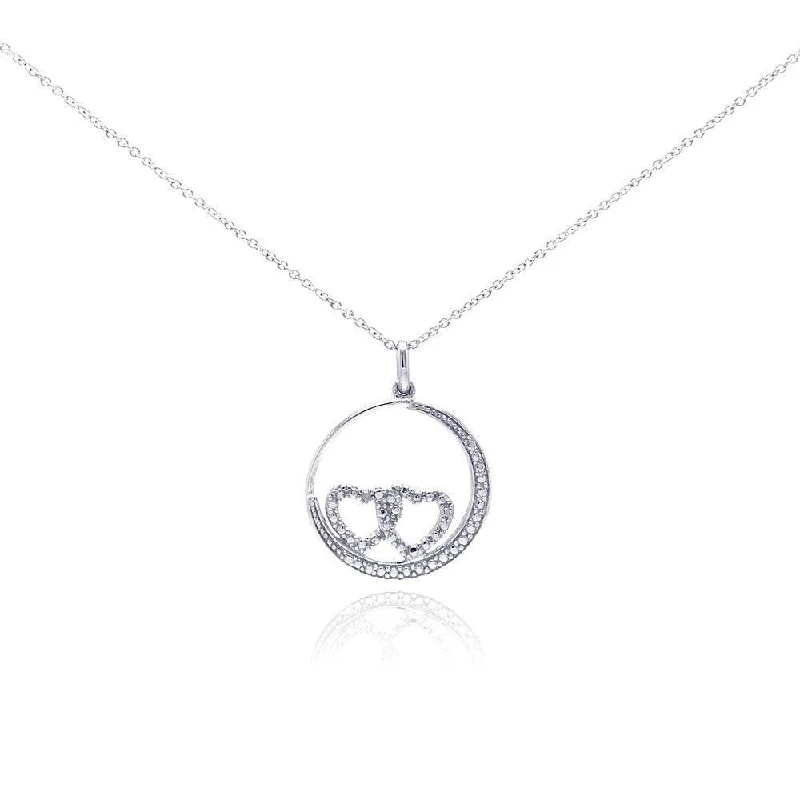 Silver 925 Rhodium Plated Clear Diamond Double Heart Circle Pendant Necklace - STP01034