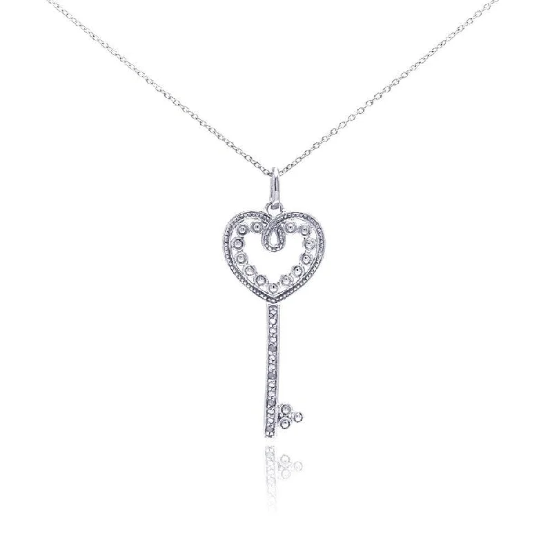 Silver 925 Rhodium Plated Clear Diamond Heart Key Pendant Necklace - STP01037