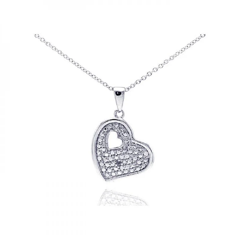 Silver 925 Rhodium Plated Clear Diamond Heart Pendant Necklace - STP01036