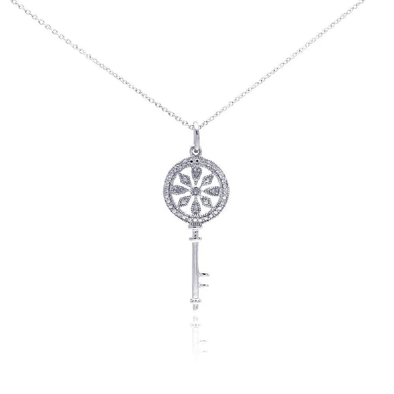 Silver 925 Rhodium Plated Clear Diamond Key Pendant Necklace - STP01039