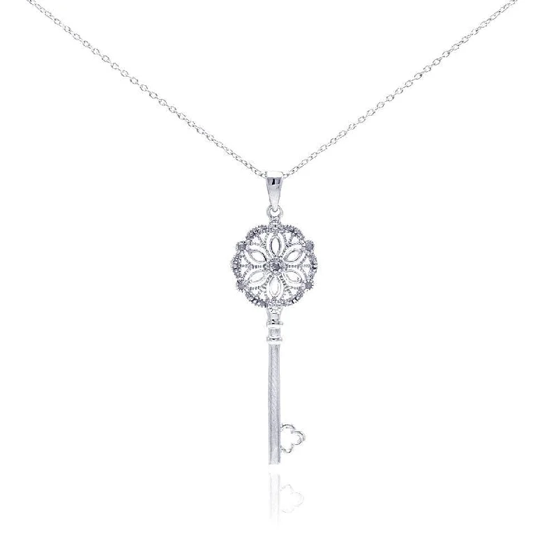 Silver 925 Rhodium Plated Clear Diamond Key Pendant Necklace - STP01040