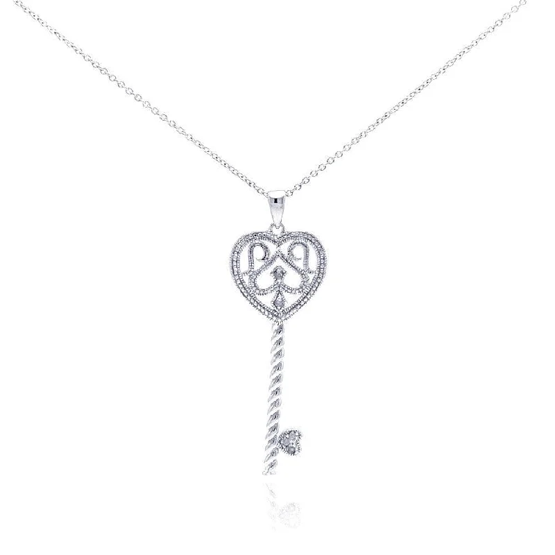 Silver 925 Rhodium Plated Clear Diamond Key Pendant Necklace - STP01041