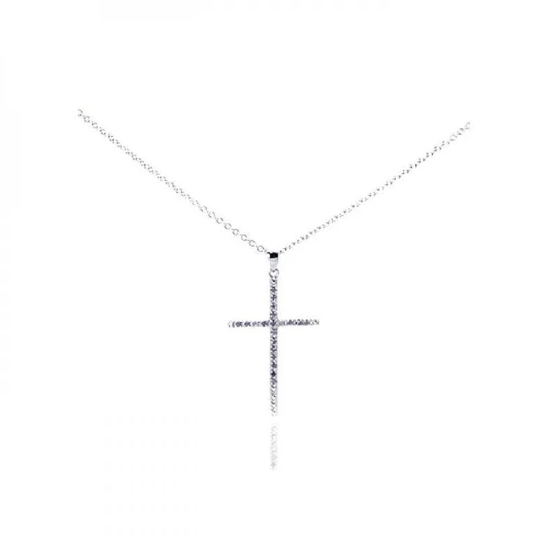 Silver 925 Rhodium Plated Clear Diamond This Cross Pendant Necklace - STP01028