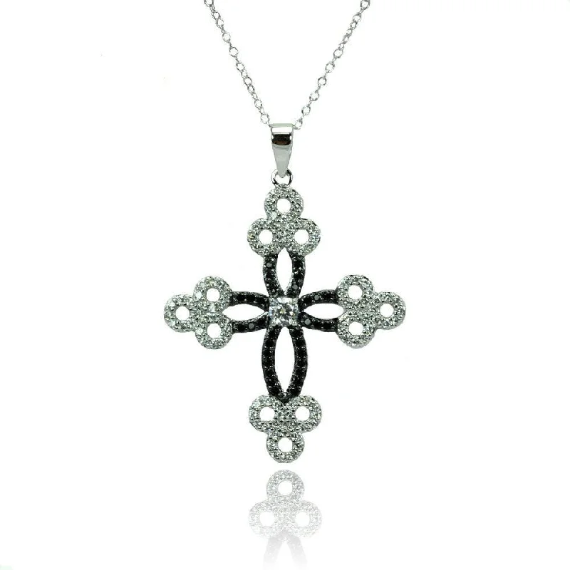 Silver 925 Rhodium Plated Cross CZ Necklace - BGP00777