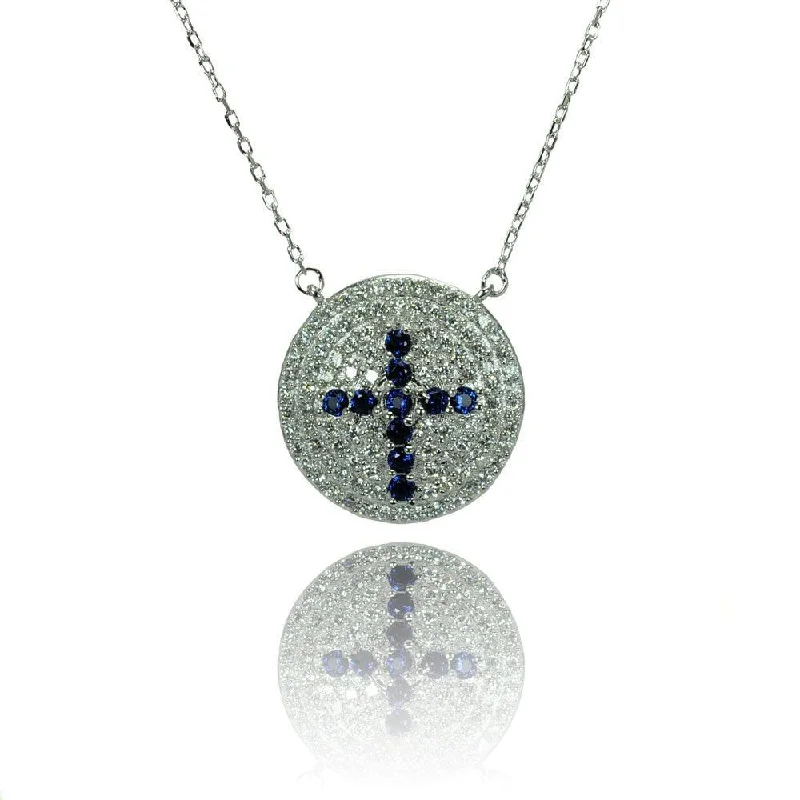 Silver 925 Rhodium Plated Disc Blue Cross CZ Inlay Necklace - BGP00789