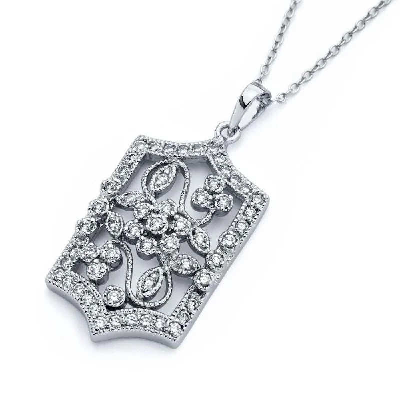 Silver 925 Rhodium Plated Flower Filigree CZ Necklace - BGP00812