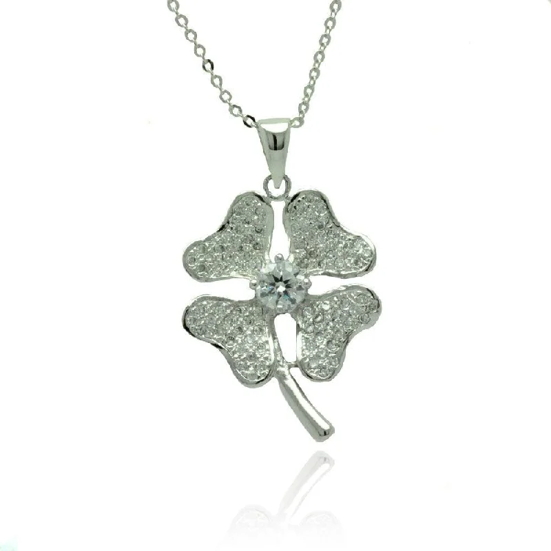 Silver 925 Rhodium Plated Heart Clover Micro Pave CZ Necklace - BGP00788