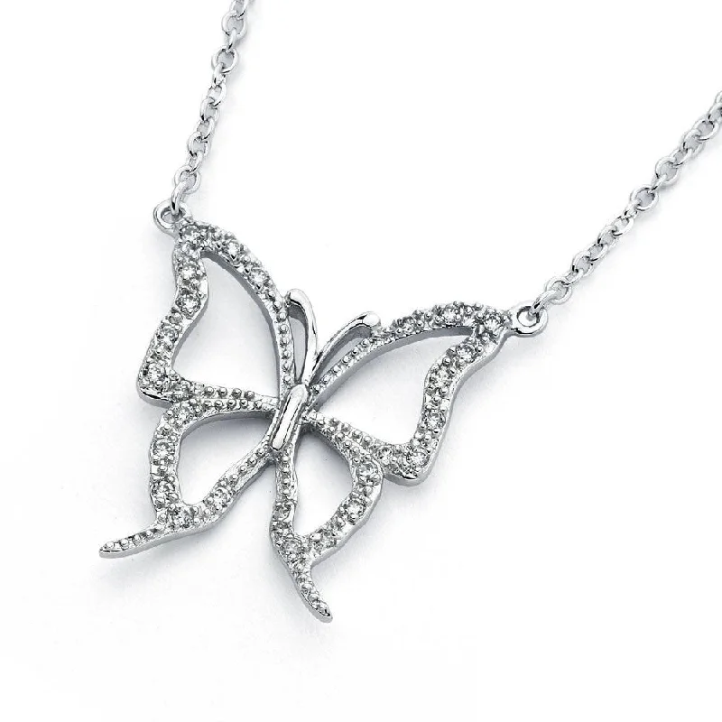 Silver 925 Rhodium Plated Open Butterfly Pendant Necklace - BGP00827