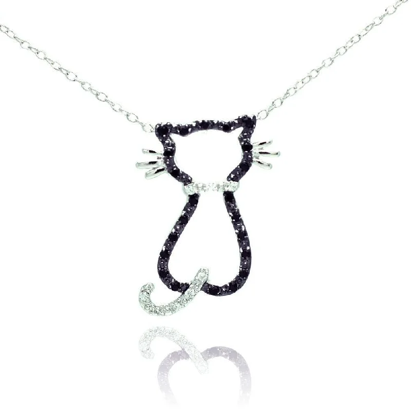 Silver 925 Rhodium Plated Open Cat Black and Clear CZ Necklace - BGP00678