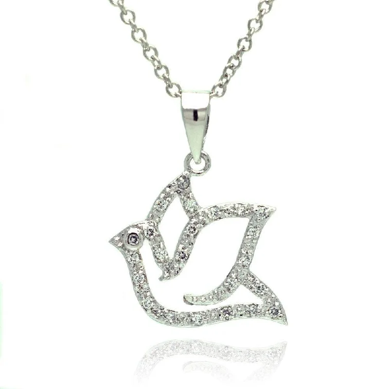 Silver 925 Rhodium Plated Open Dove CZ Necklace - BGP00330