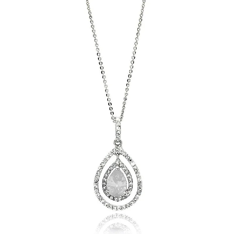 Silver 925 Rhodium Plated Open Teardrop Center CZ Necklace - BGP00664