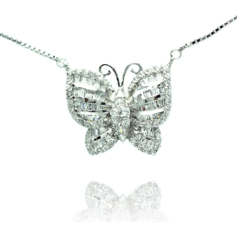 Silver 925 Rhodium Plated Pave Butterfly CZ Necklace - BGP00496