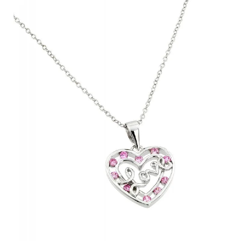 Silver 925 Rhodium Plated Pink CZ Open Heart Love Pendant Necklace - BGP00840