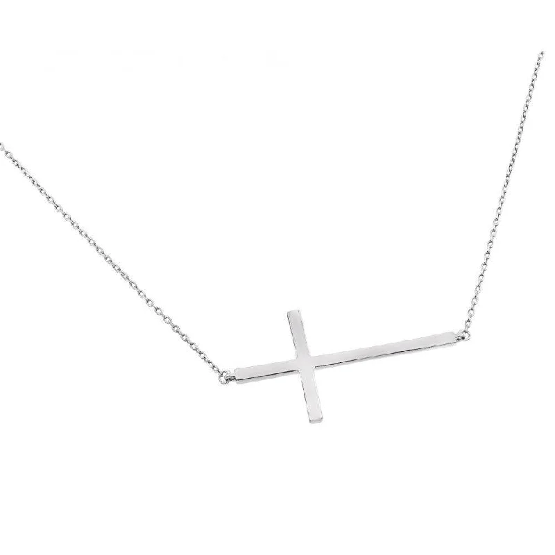 Silver 925 Rhodium Plated Plain Sideways Solid Cross Pendant Necklace - BGP00820