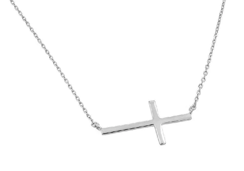 Silver 925 Rhodium Plated Plain Sideways Solid Cross Pendant Necklace - BGP00821RHD