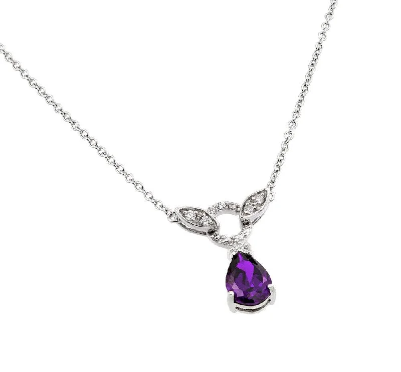 Silver 925 Rhodium Plated Purple and Clear CZ Stone Tear Drop Shape Pendant Necklace - BGP00846P