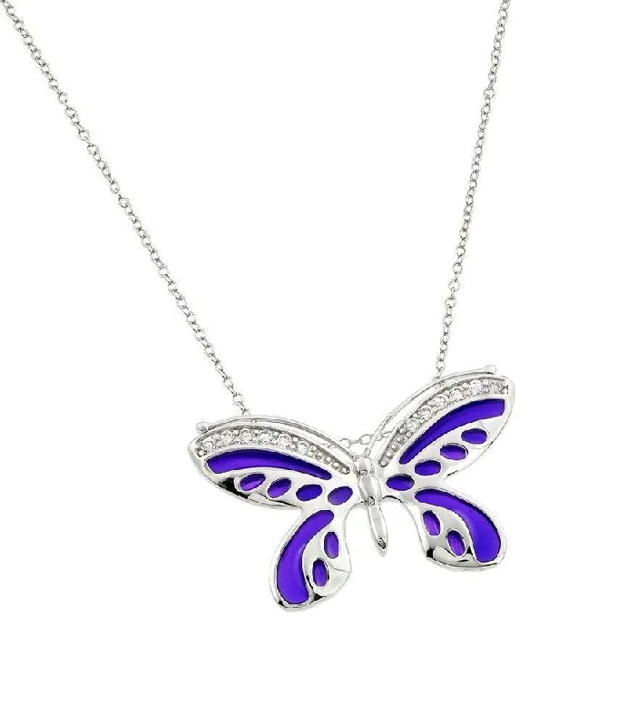 Silver 925 Rhodium Plated Purple Enamel Butterfly Clear CZ Inlay Necklace - BGP00811