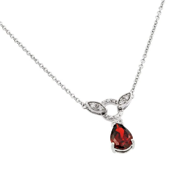 Silver 925 Rhodium Plated Red and Clear CZ Stone Tear Drop Shape Pendant Necklace - BGP00846R