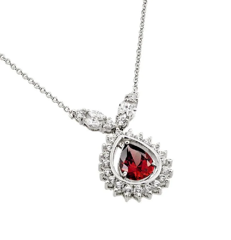 Silver 925 Rhodium Plated Red CZ Drop Shape Pendant Necklace - BGP00830R