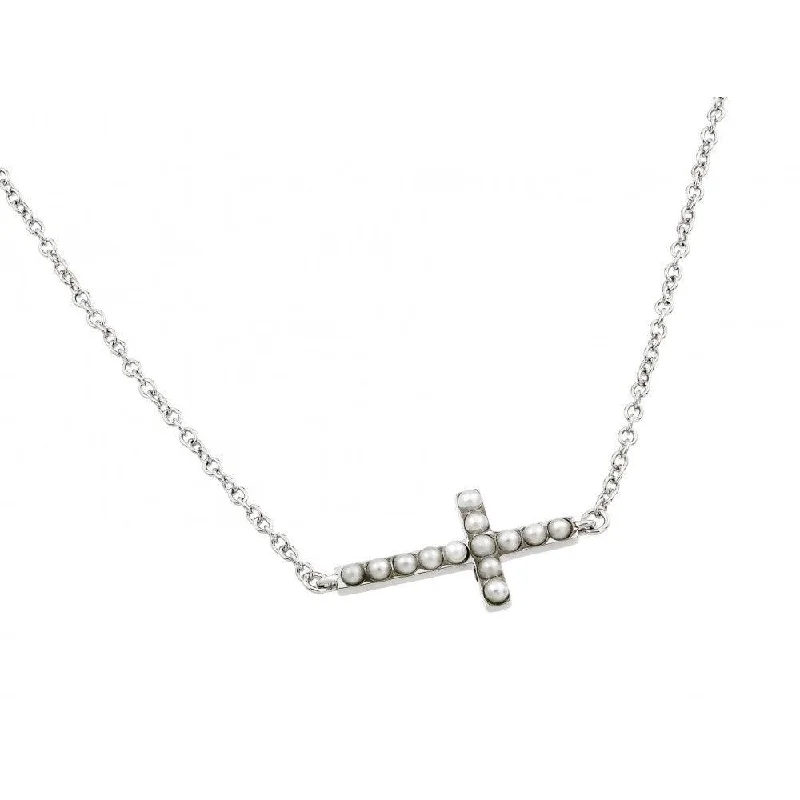 Silver 925 Rhodium Plated Sideways Cross with Pearls Pendant Necklace - BGP00834