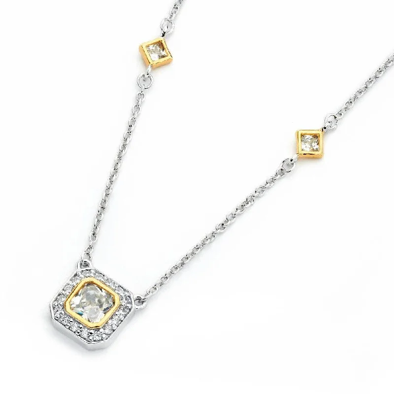 Silver 925 Rhodium Plated Square Clear and Gold CZ Necklace - BGP00817